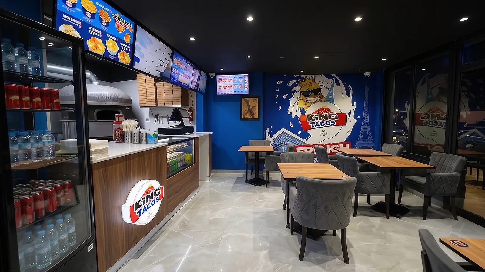 La salle de King Tacos Tanger : murs bleus, fresque King Tacos, comptoir et tables en bois